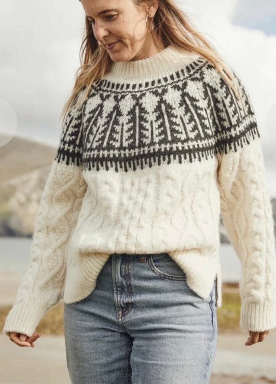 Faherty Womens Native Knitter Frost Fair Isle Sweater SZ XS Cream Baby Alpaca